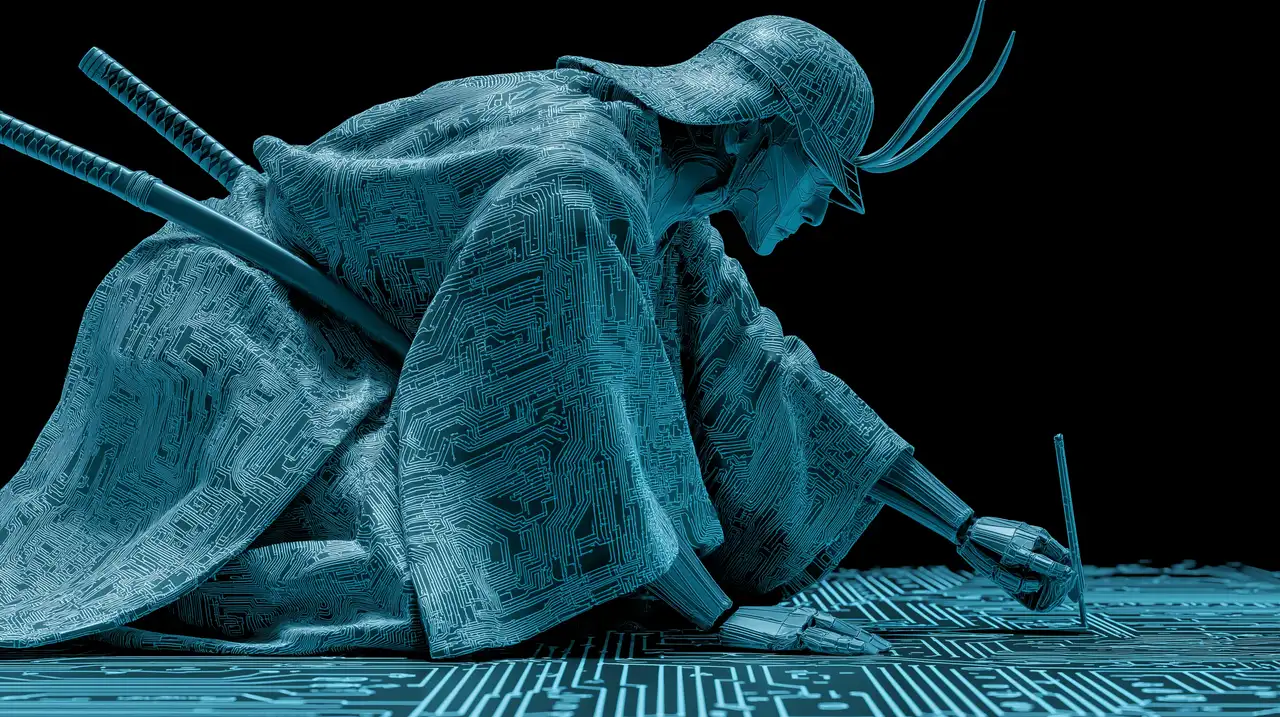 A circuit-etched samurai inscribing a circuit board